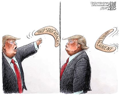 Political Cartoon U.S. Trump Deep State Attacks Boomerang Impeachment