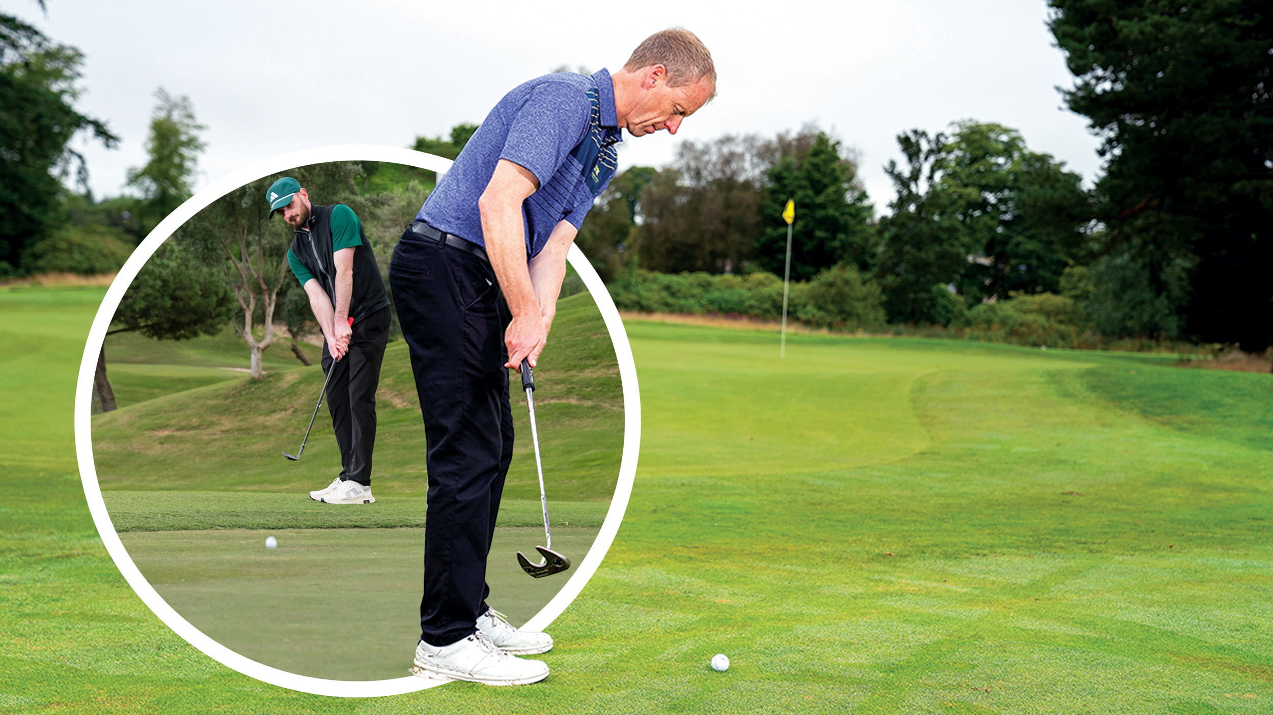 Neil Marr hitting a putt from the fringe of the green towards a back right pin location, with an inset image of Barry Plummer hitting a chip shot from the fringe of the green at La Cala resort