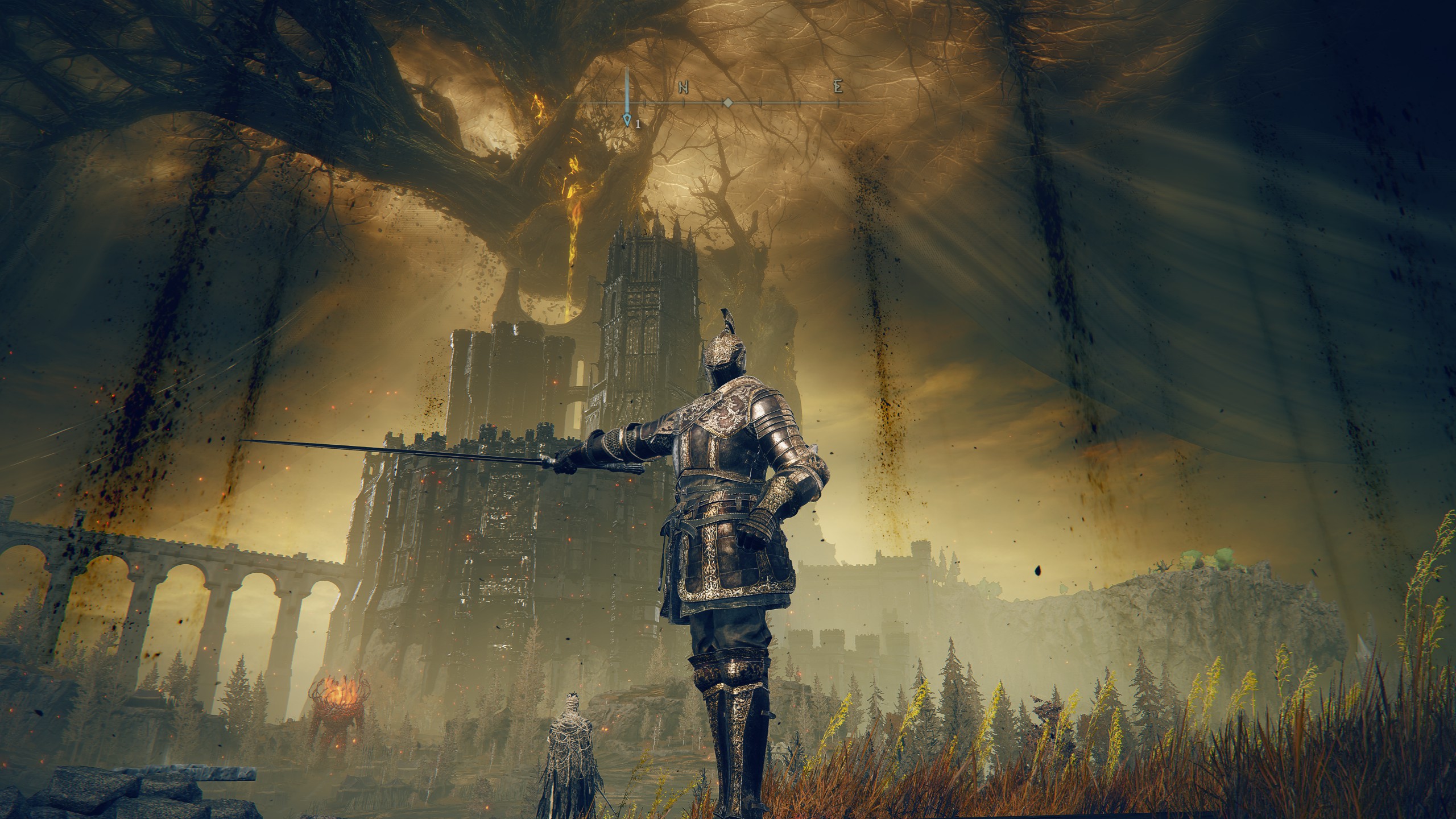 Knight in burnished brown/brass armor holding Milady sword out to side under Scadutree.