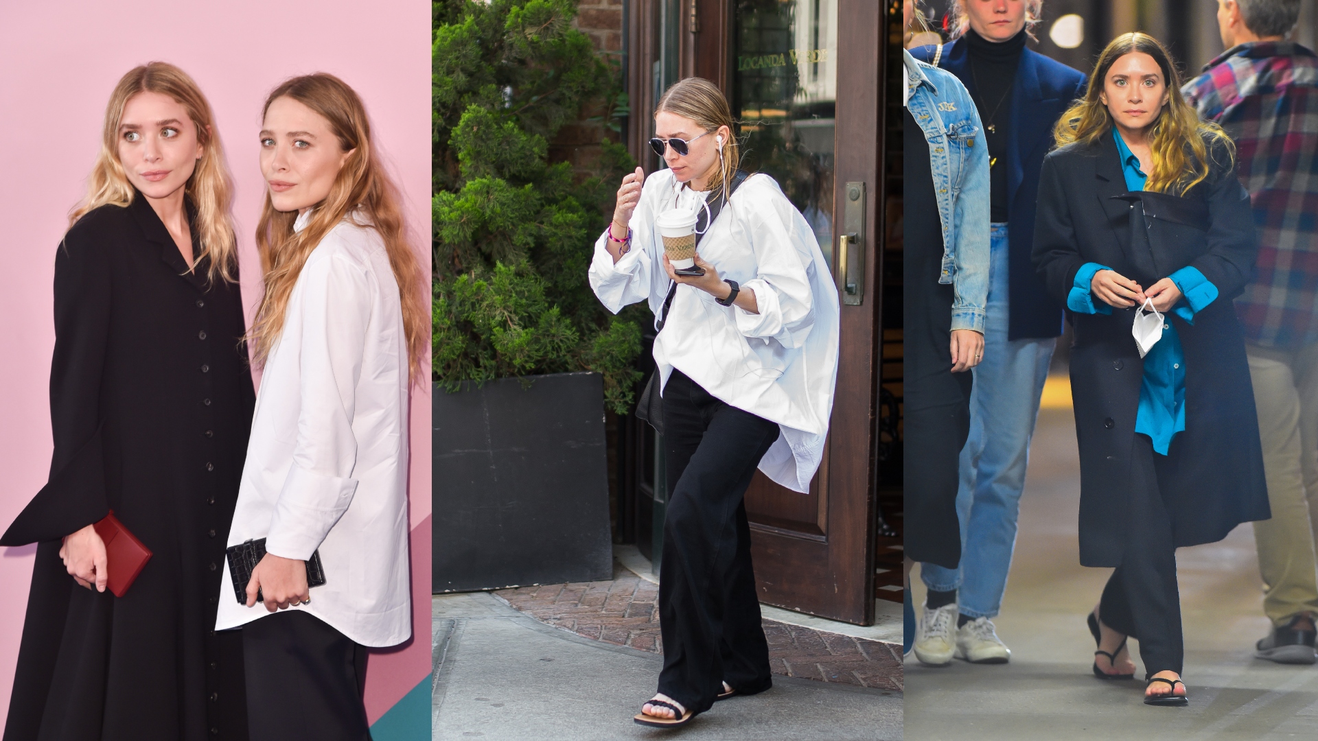 a collage of the olsen twins wearing various fall outfits spotted through streetstyle