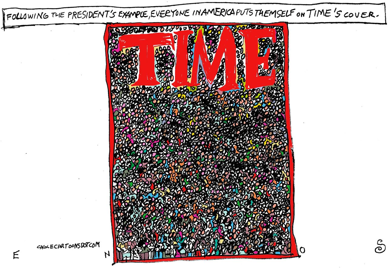 Political cartoon U.S. Trump Time magazine cover fake news