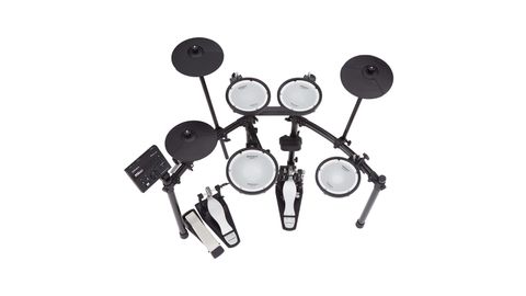 Top down view of a Roland TD-07DMK Electronic drum set on a white background