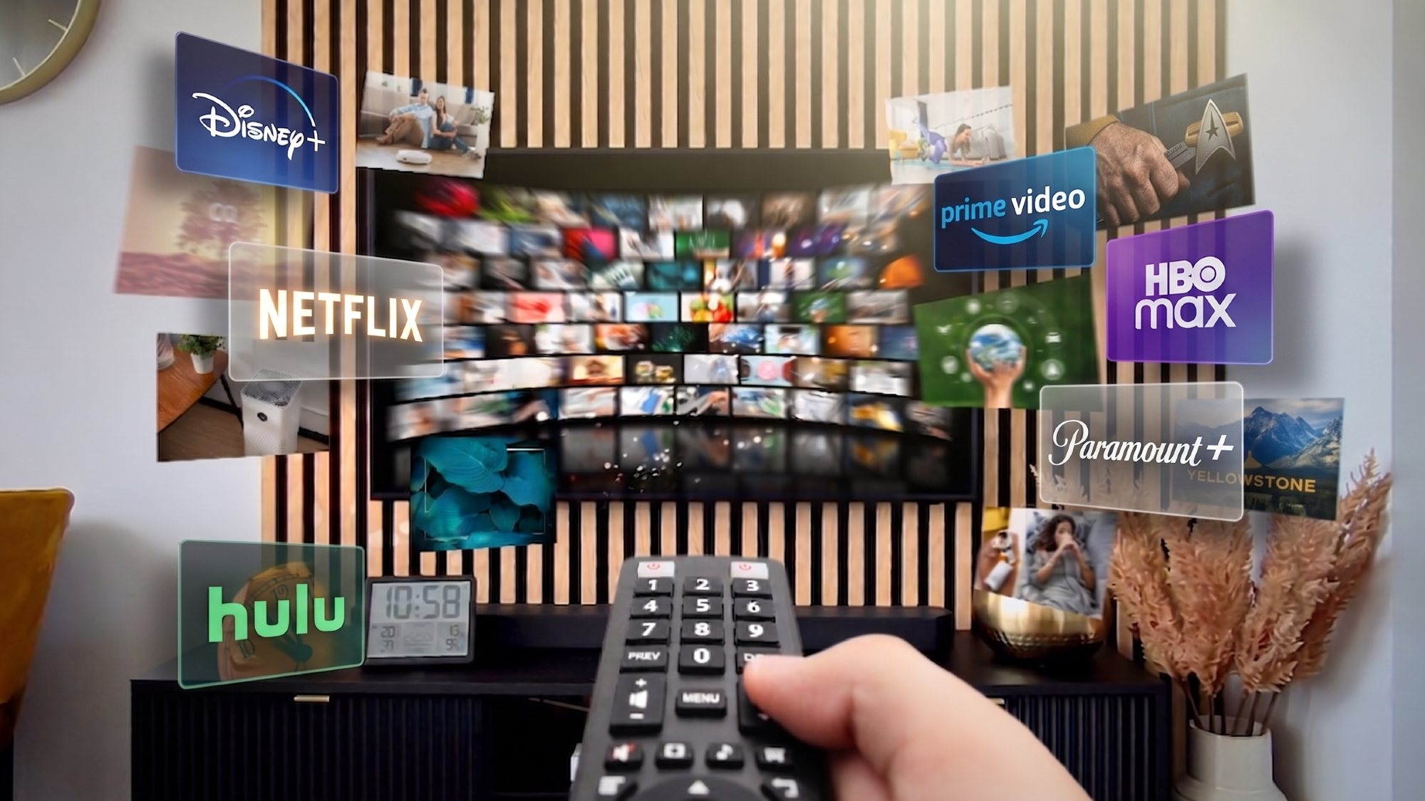 logos for Netflix, Disney+, Hulu, HBO Max, Prime Video and Paramount+ on a TV with streaming services