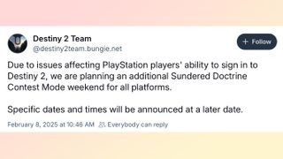 Destiny 2 news on bluesky related to PSN outage