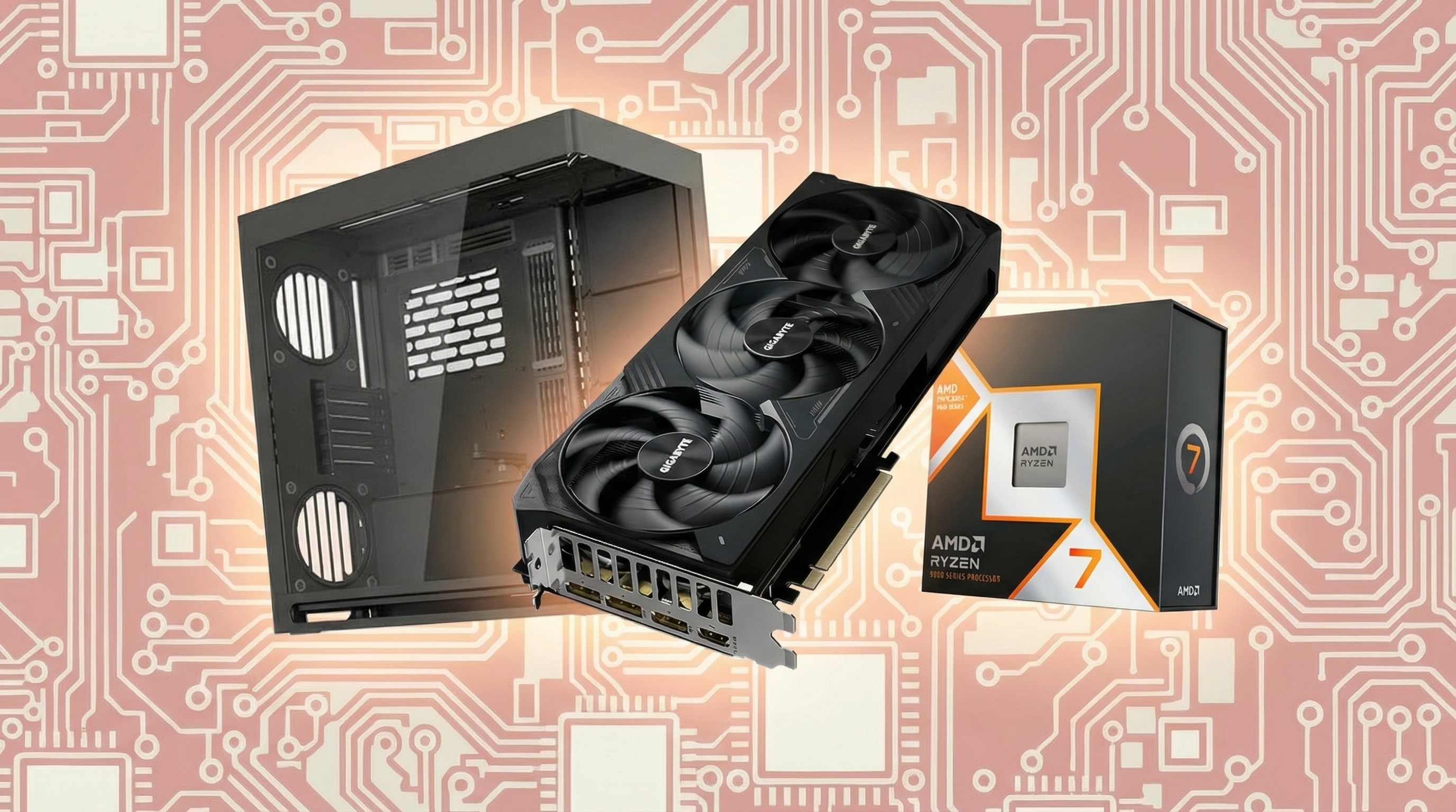 HAVN PC case, Gigabyte graphics card, and an AMD CPU box on a PCB-style background