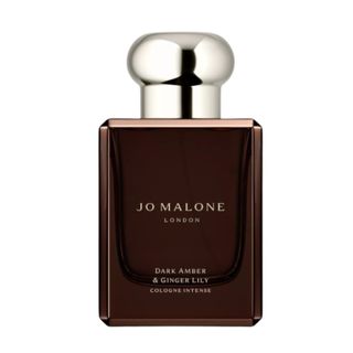 A press shot of a bottle of Jo Malone London Dark Amber & Ginger Lily Cologne Intense on a white background