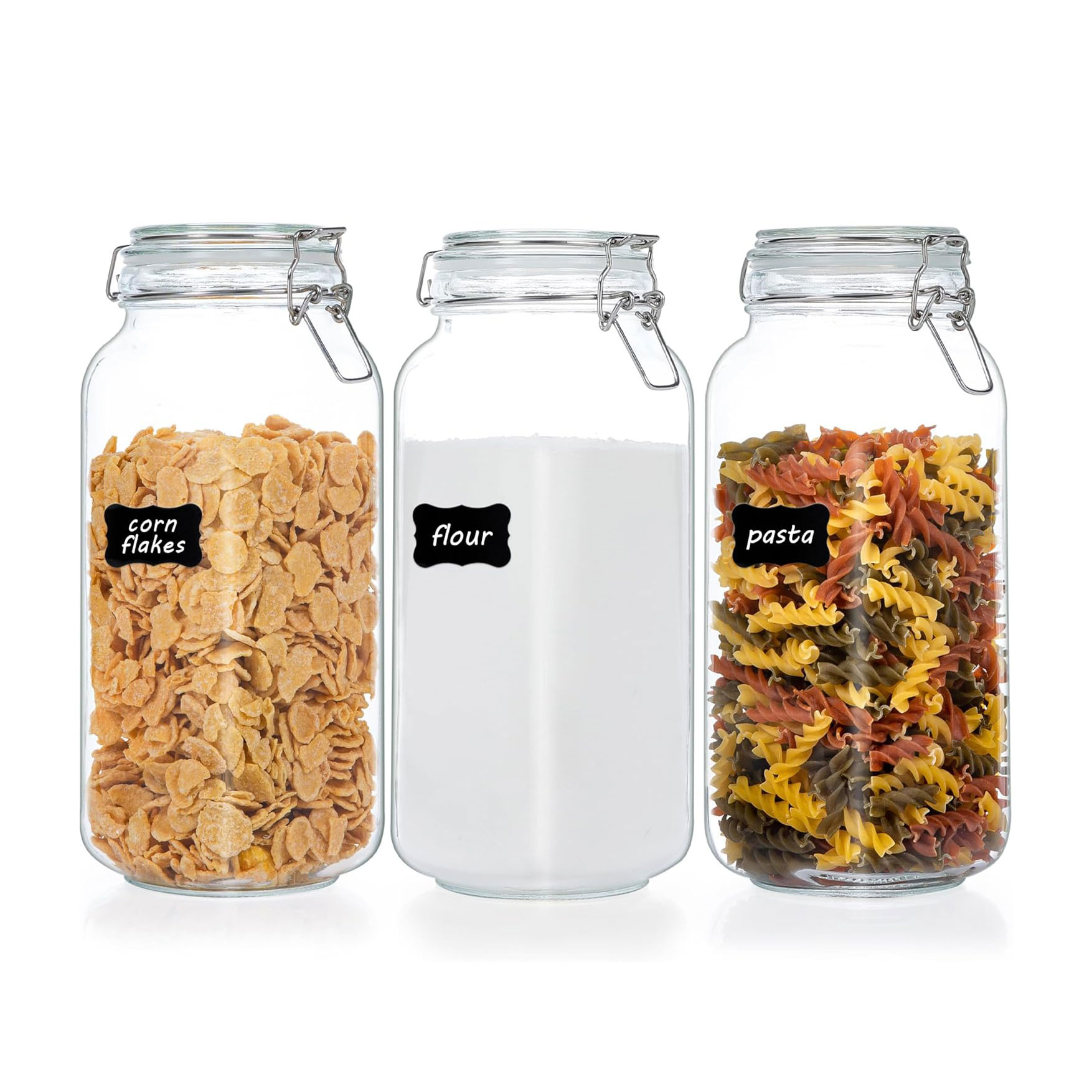 Vtopmart 78oz Glass Food Storage Jars With Airtight Clamp Lids, 3 Pack Large Kitchen Canisters for Flour, Cereal, Coffee, Pasta and Canning, Square Mason Jar With 8 Chalkboard Labels