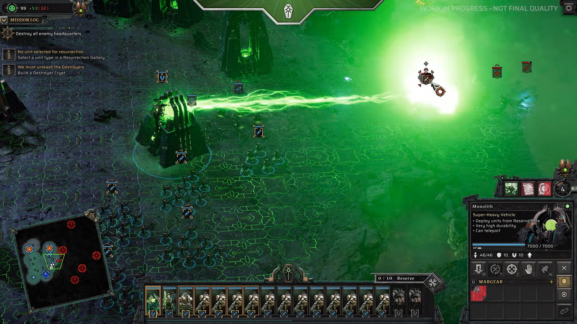 A strategic video game screen shows a green energy beam firing from a monolithic structure. The interface displays units and a map, conveying intense action.