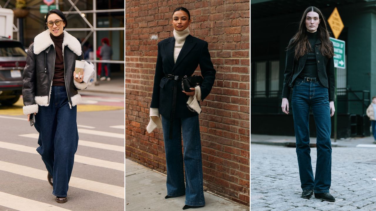 split image of new york fall winter 2025 fashion week attendees wearing dark wash jeans