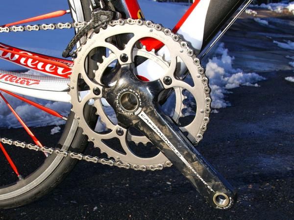 The Campagnolo Record CT crank's compact ratios yield a versatile range but it's best to make sure it's paired with an 11T cog out back to retain a reasonable top-end gear