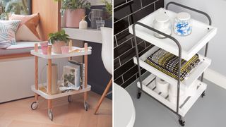 Collage of two living areas with moveable storage storage to suggest how to organize a small space