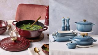 Collage of cookware to show the two Le Creuste new colours of Rhone red and Chambray blue