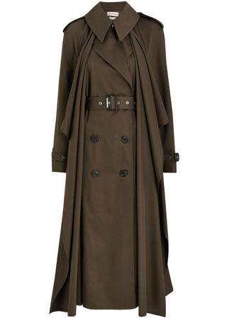 Draped Double-Breasted Cotton Trench Coat