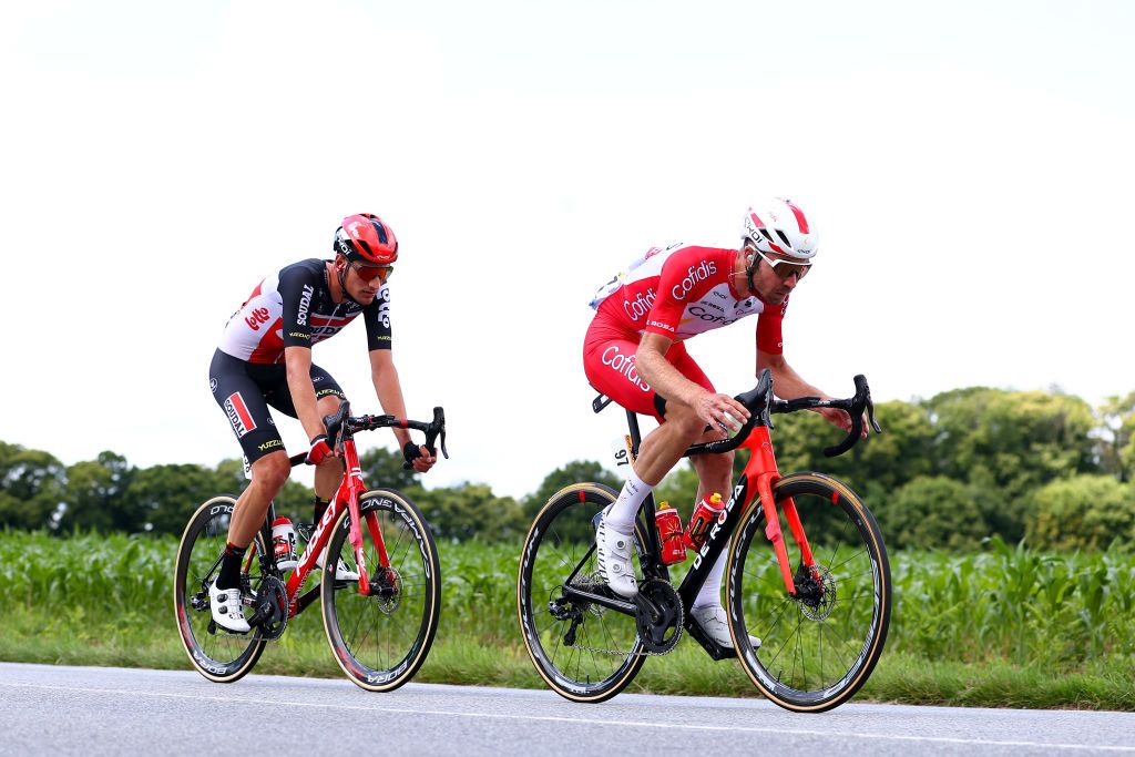 FOUGERES FRANCE JUNE 29 PierreLuc Prichon of France and Team Cofidis Brent Van Moer of Belgium and Team Lotto Soudal in breakaway during the 108th Tour de France 2021 Stage 4 a 1504km stage from Redon to Fougres LeTour TDF2021 on June 29 2021 in Fougeres France Photo by Michael SteeleGetty Images