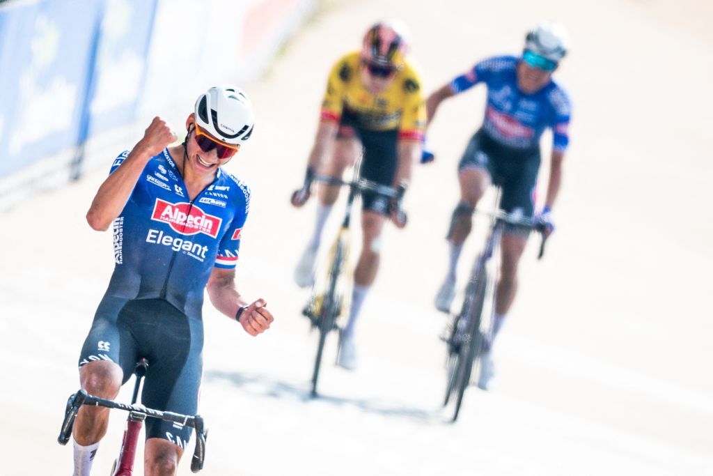 Mathieu van der Poel celebrates his victory in Paris-Roubaix