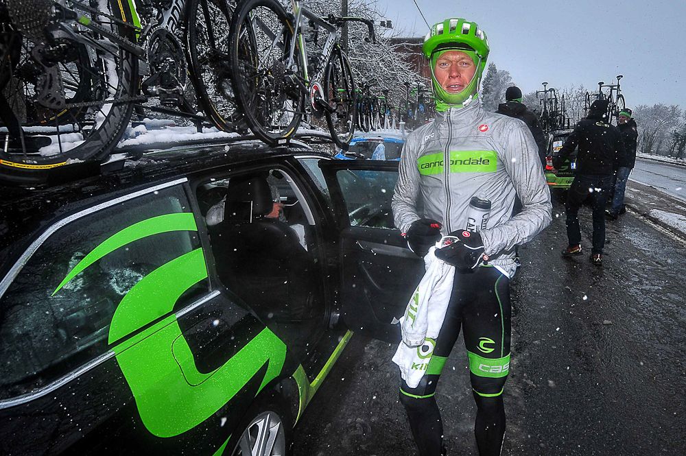 Cannondale's Matti Breschel heads for the team car