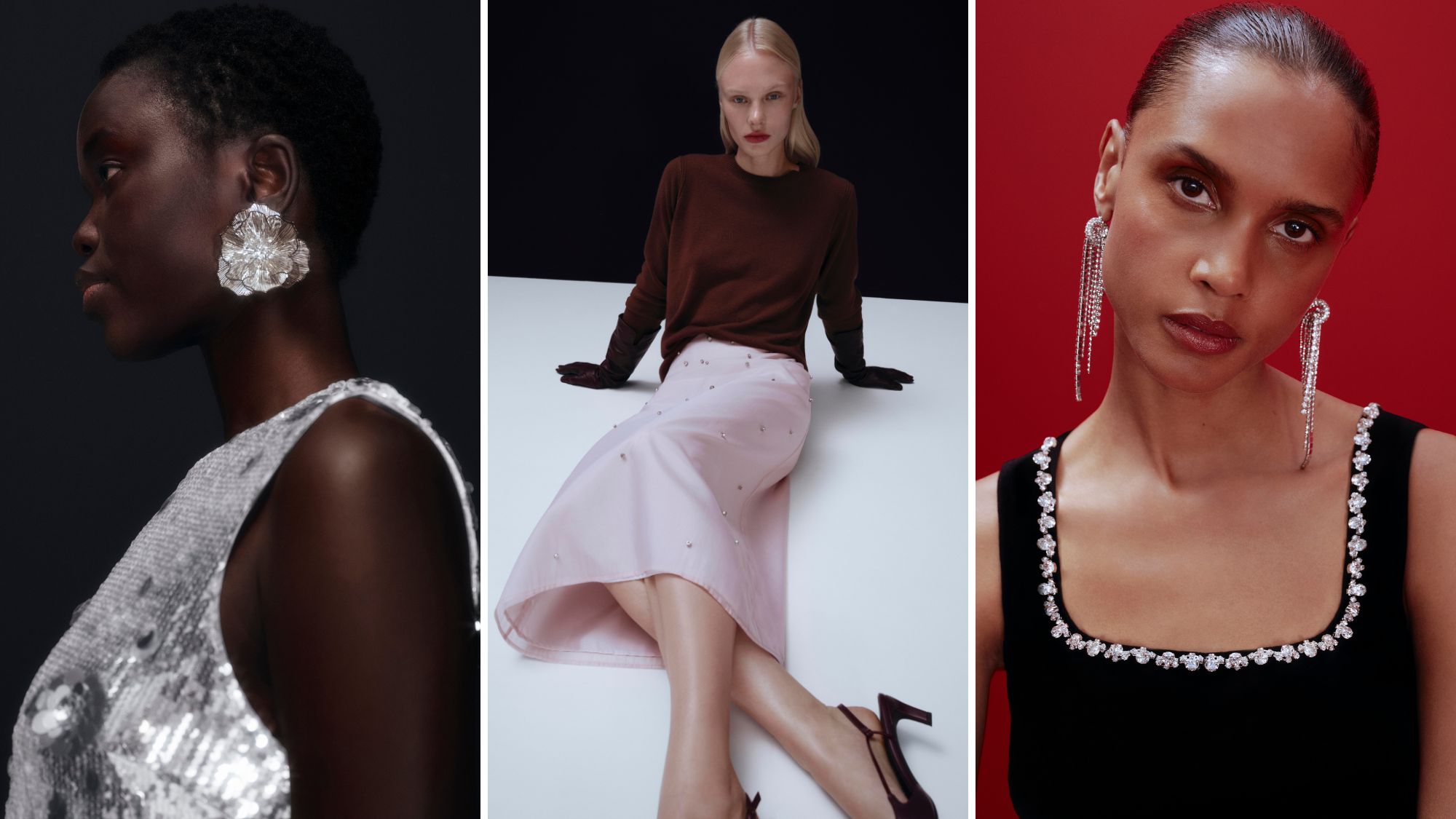 three models wearing party season clothes and accessories from M&amp;S