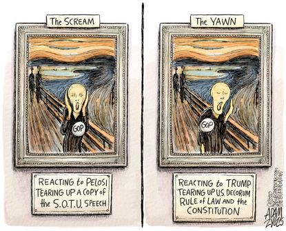Political Cartoon U.S. Trump Pelosi The Scream yawn impeachment SOTU