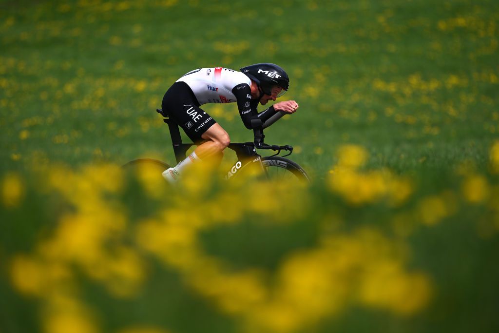 CHTELSAINTDENIS SWITZERLAND APRIL 28 Mikkel Bjerg of Denmark and UAE Team Emirates sprints during the 76th Tour De Romandie 2023 Stage 3 a 1875km individual time trial stage from ChtelSaintDenis to ChtelSaintDenis UCIWT on April 28 2023 in ChtelSaintDenis Switzerland Photo by Dario BelingheriGetty Images