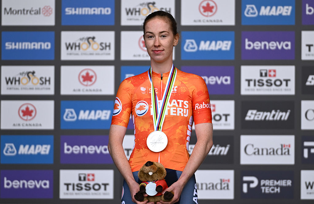 MONTREAL, QUEBEC - SEPTEMBER 21: Silver medalist Nienke Vinke and Team Netherlands poses on the podium during 99th UCI Road World Championships Montreal 2026, Women Under 23 Individual Time Trial a 20.3km race from Montreal to Montreal on September 21, 2026 in Montreal, Quebec. (Photo by Tim de Waele/Getty Images)
