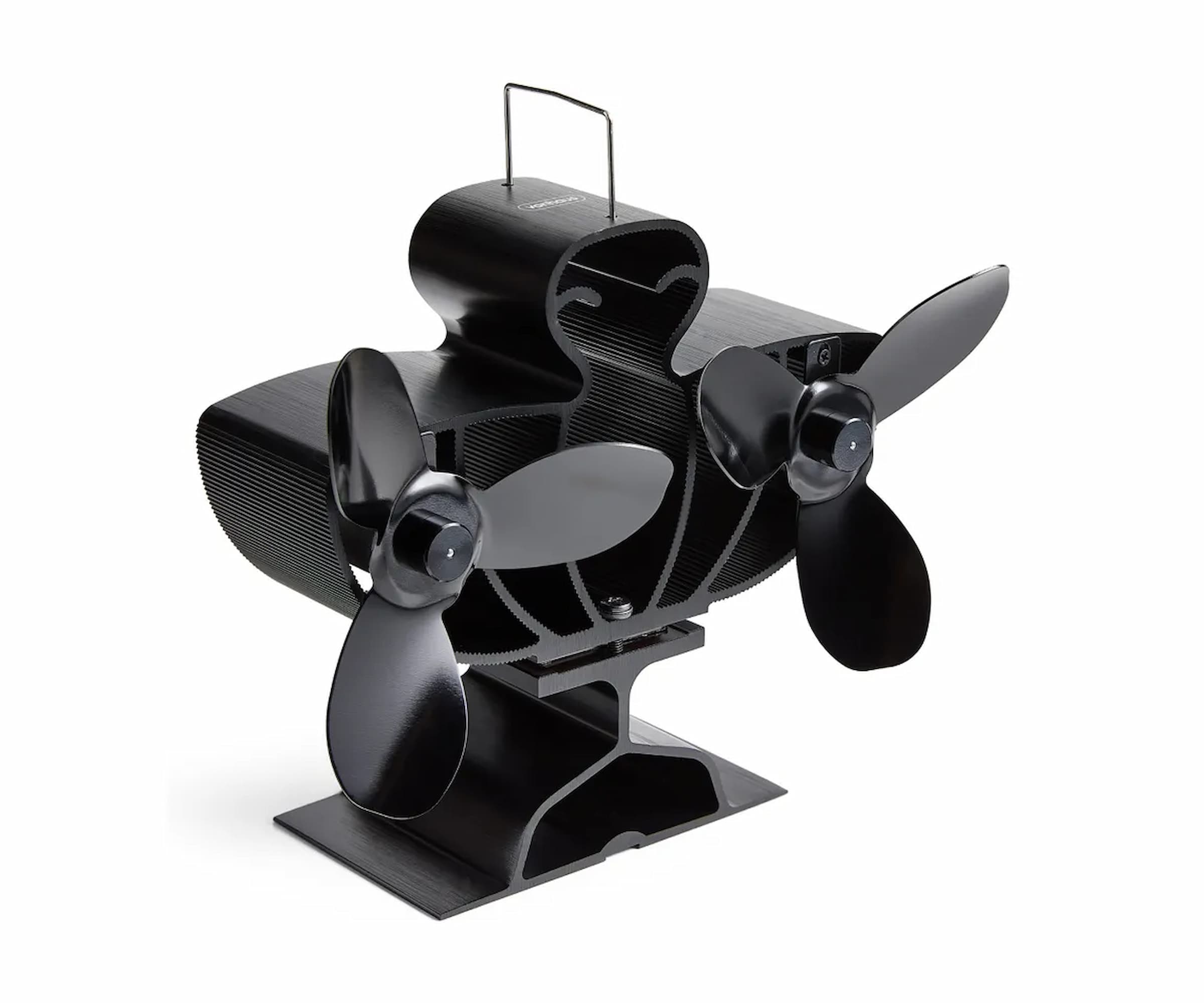 A 6 blade, double-sided stove fan