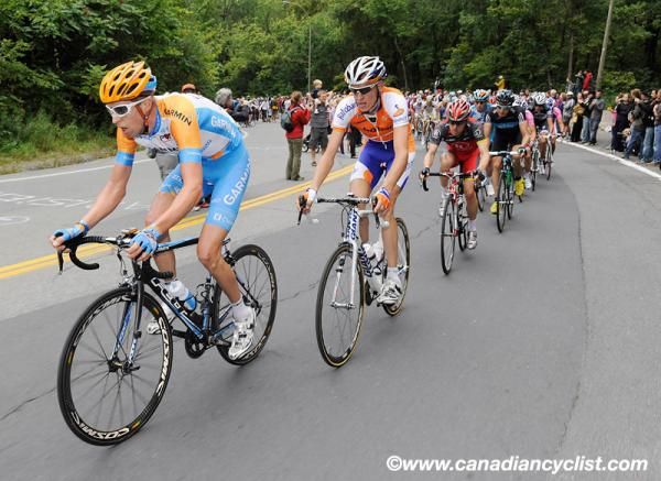 Ryder Hesjedal (Garmin-Transitions) leads Robert Gesink and Levi Leipheimer.