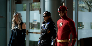 Danielle Panabaker, Carlos Valdez and Grant Gustin in The Flash.