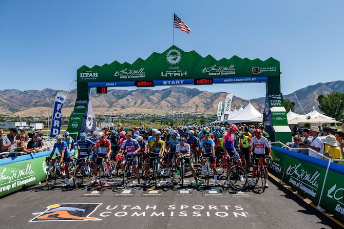 The riders take to the start line of stage 1 of the 2019 Tour of Utah