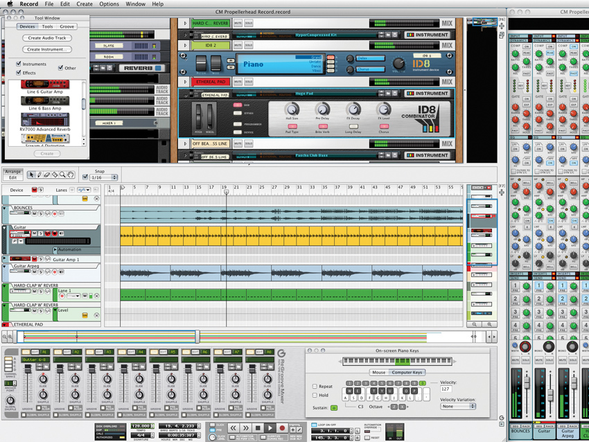 Record&#039;s interface features an arrange page, a mixer and a rack.