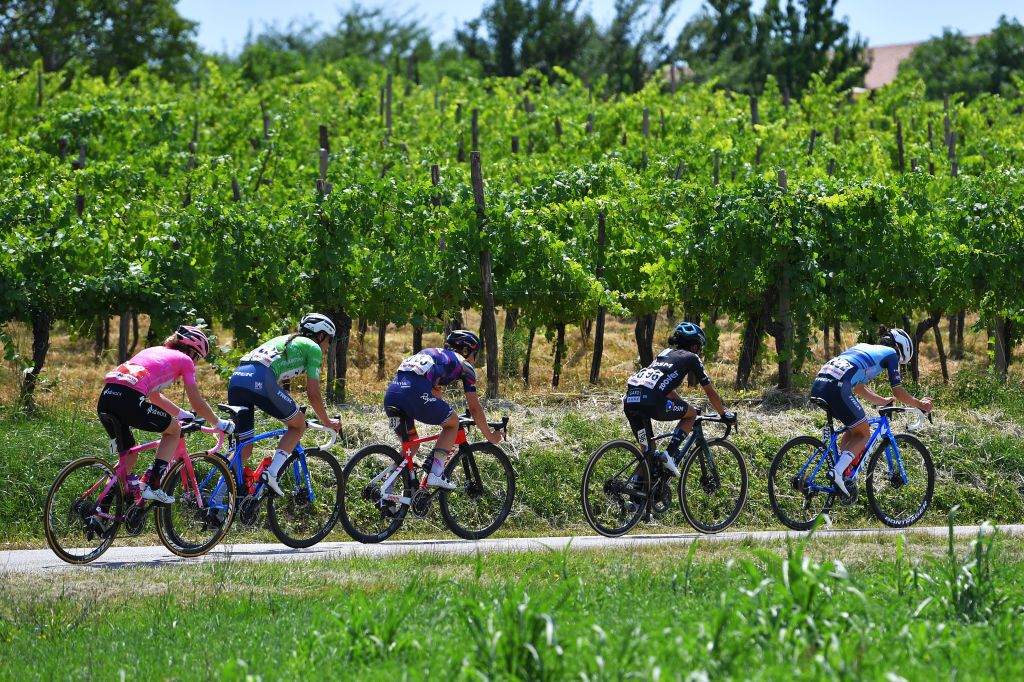 CORMONS ITALY JULY 11 Anna Van Der Breggen of Netherlands and Team SD Worx Pink Leader Jersey Elisabeth DeignanArmitstead of United Kingdom and Team Trek Segafredo Coryn Rivera of United States and Team DSM Elise Chabbey of Switzerland and Canyon SRAM Racing Team Lucinda Brand of Netherlands and Team Trek Segafredo Green Mountain Jersey in breakaway during the 32nd Giro dItalia Internazionale Femminile 2021 Stage 10 a 113km stage from Capriva del Friuli to Cormons GiroDonne UCIWWT on July 11 2021 in Cormons Italy Photo by Luc ClaessenGetty Images