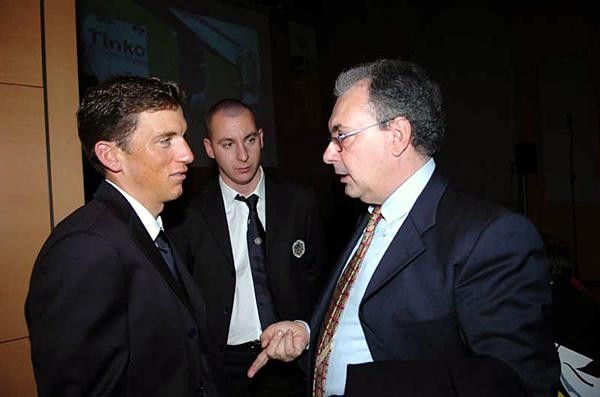 Hamilton, Piscina and Zomegnan ...The Giro d'Italia director (r) will decide if Tinkoff can race in his event, on February 12.