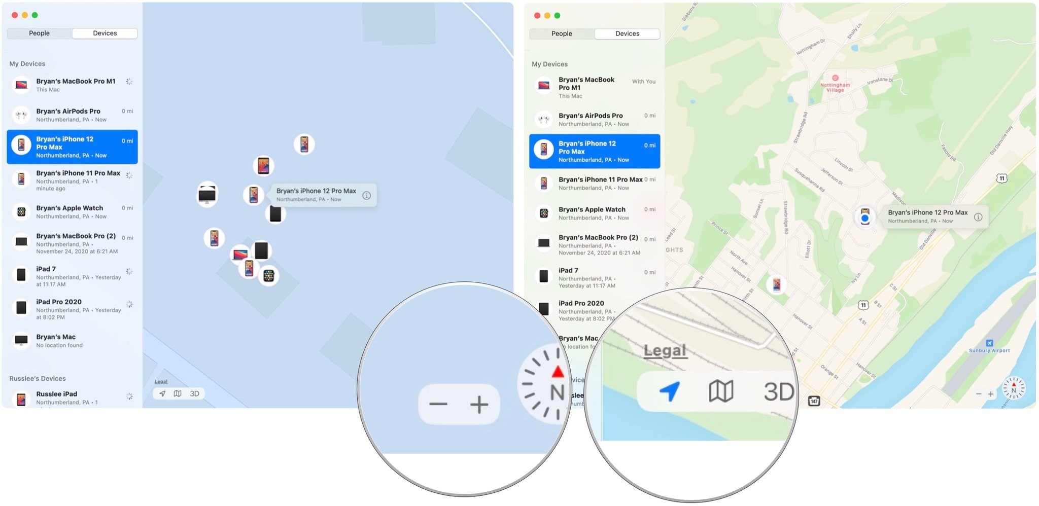To track your devices with Find My on Mac, click +/- to resize the map. Select the location icon to find your current location on the map.