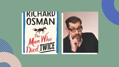 Portrait of Richard Osman and a photo of his book cover on a green background with abstract decorations on the corners