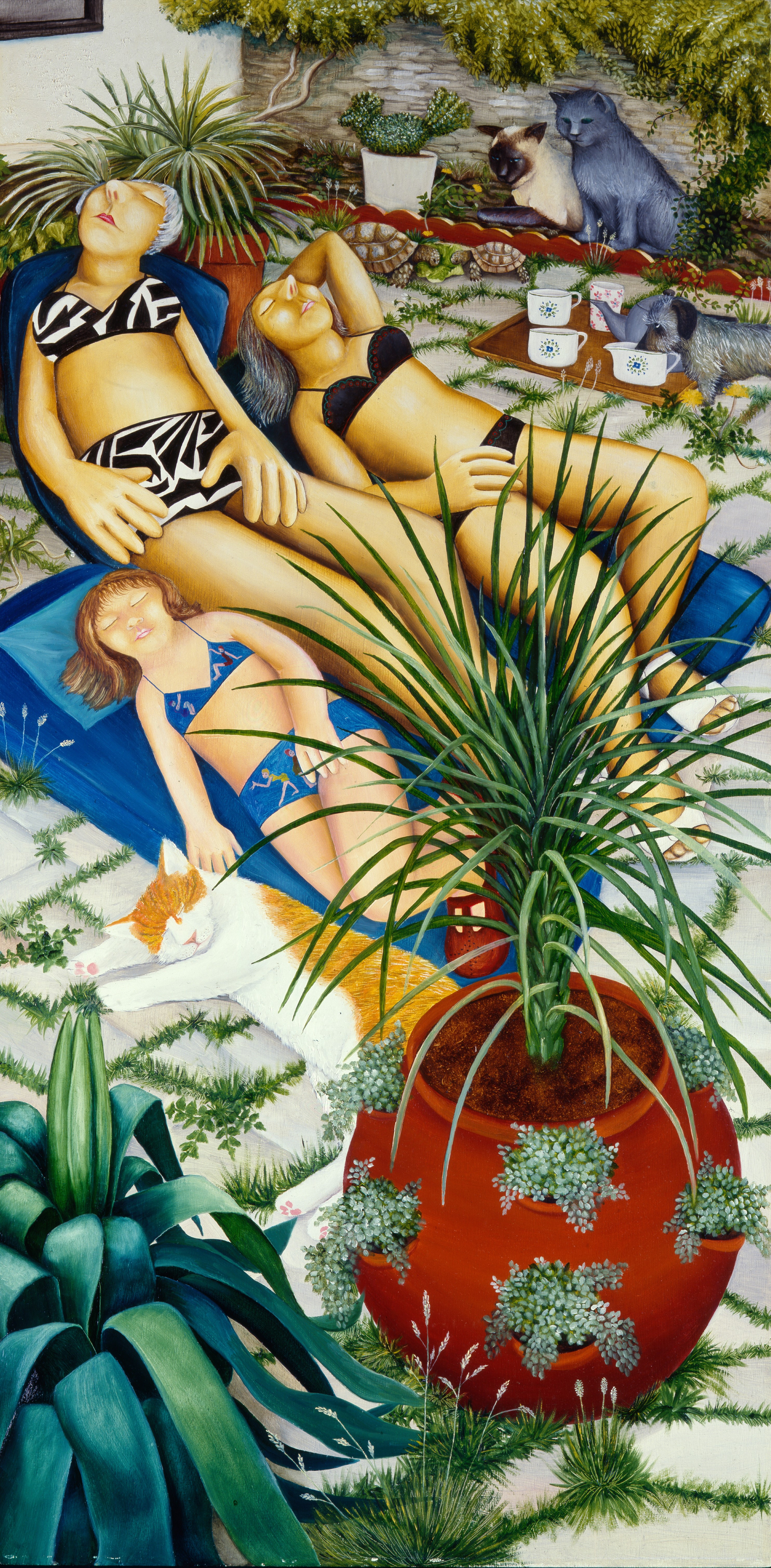 Beryl Cook painting of women sunbathing and snoozing in garden