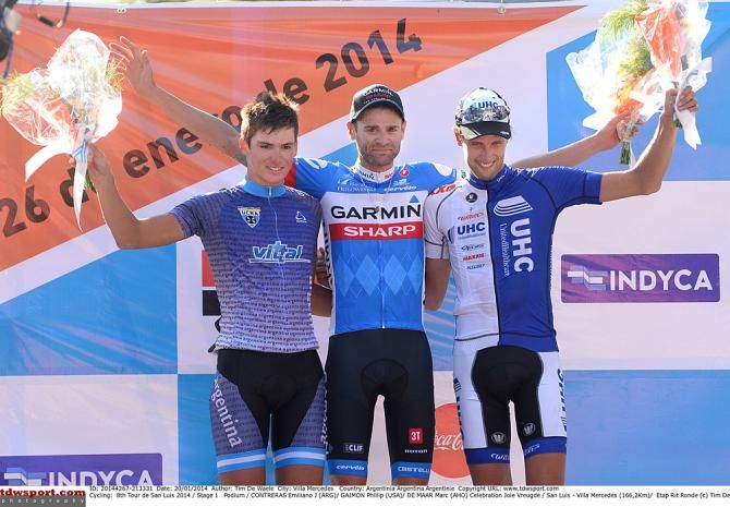 The stage 1 podium: Emiliano Contreras (Argentina) Phil Gaimon (Garmin Sharp) and Marc de Maar (UnitedHealthcare)