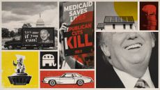 Photo collage of a laughing Donald Trump, a pig balancing on a stack of coins, a house with solar panels on its roof, a vintage car, the Republican party logo, pro-Medicaid protest sign, a baby sitting on a university-shaped piggy bank, and a truck parked in front of the White House bearing the face of Jeff Bezos and the slogan "tax me if you can".
