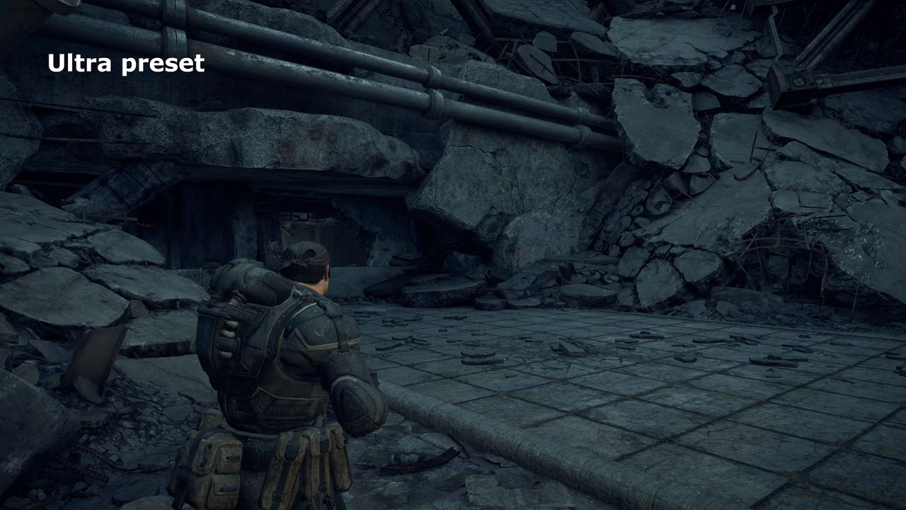 A screenshot of the PC version of Gears of War: Reloaded, showing the visual impact of using the Ultra quality preset