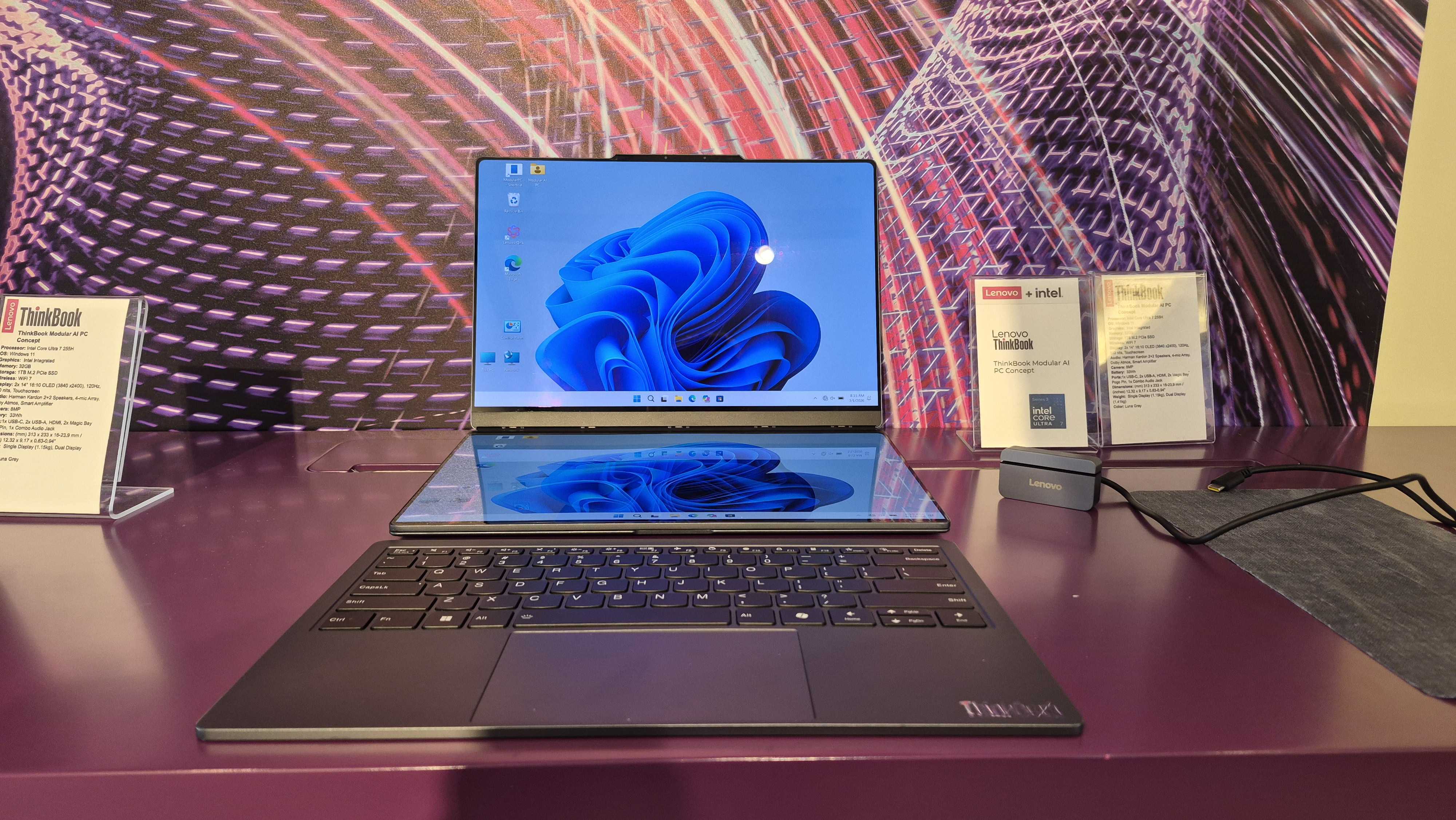 Lenovo ThinkBook Modular AI PC proof of concept pictured at MWC 2026 in Barcelona, Spain.