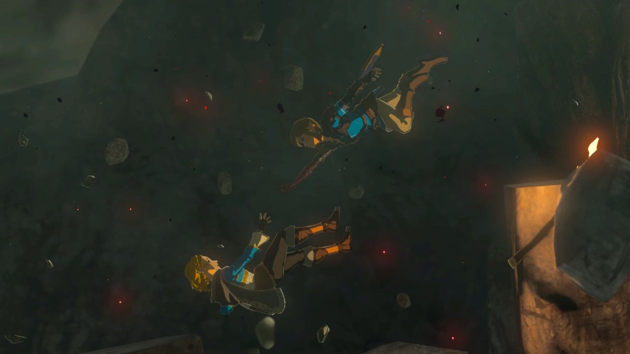 Link dives after Zelda in Tears of the Kingdom