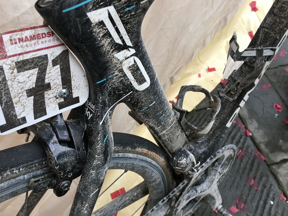 Custom graphics on the Team Sky Pinarellos don't include the mud splatter.