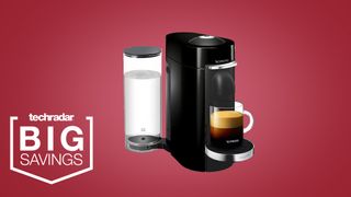 The Nespresso Vertuo Plus by Magimix on a red background