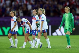 Georgia Stanway, Grace Clinton, Keira Walsh, Alessia Russo, Hannah Hampton of England look dejected after the teams defeat in during the UEFA Women's EURO 2025 Group D match between France and England at Stadion Letzigrund on July 05, 2025 in Zurich, Switzerland.