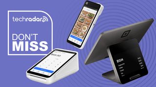Three Square mobile payment devices on a purple background next to a TechRadar badge that reads 'Don't Miss'
