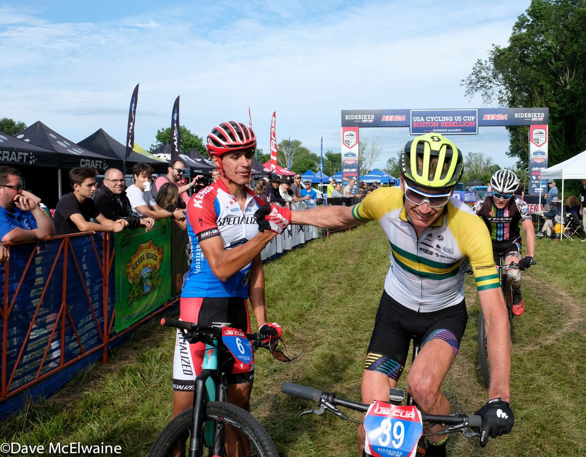 Dan McConnell (DanAndBec) congratulates Chris Blevins on his hard fought victory