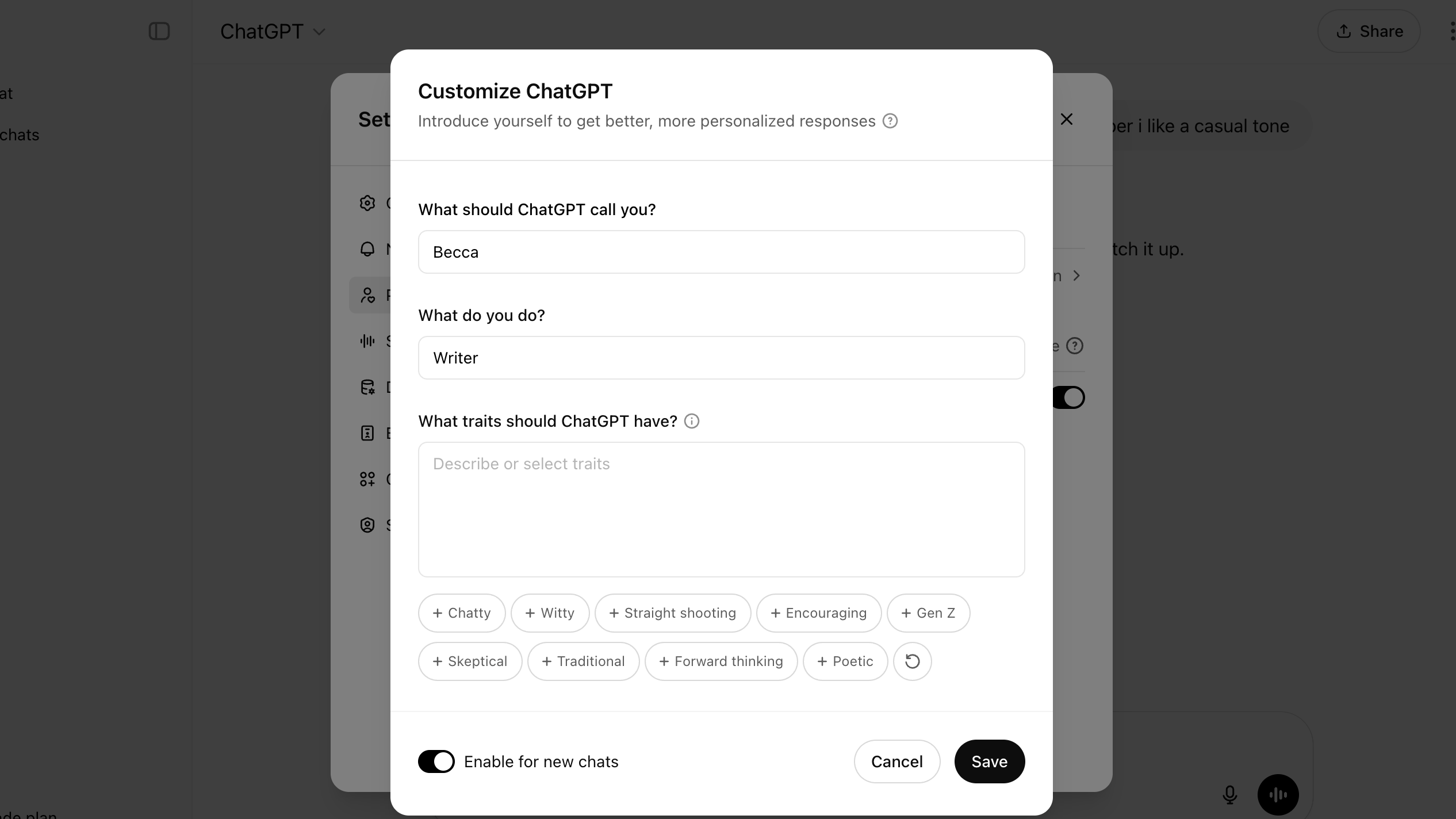 A screenshot showing chatgpt's custom instructions section