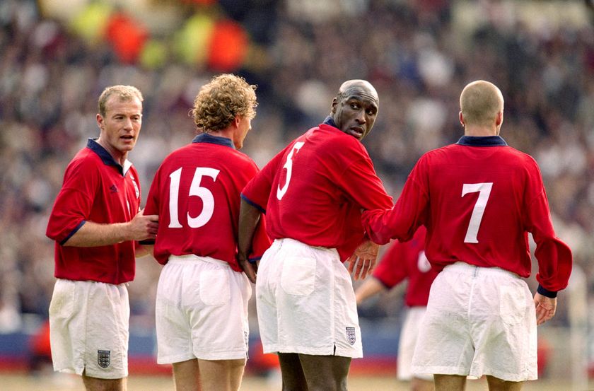 27 May 2000, Wembley - International Friendly - England v Brazil - Alan Shearer, Ray Parlour, Sol Campbell and David Beckham form a defensive wall for England. (Photo by Mark Leech/Offside via Getty Images)