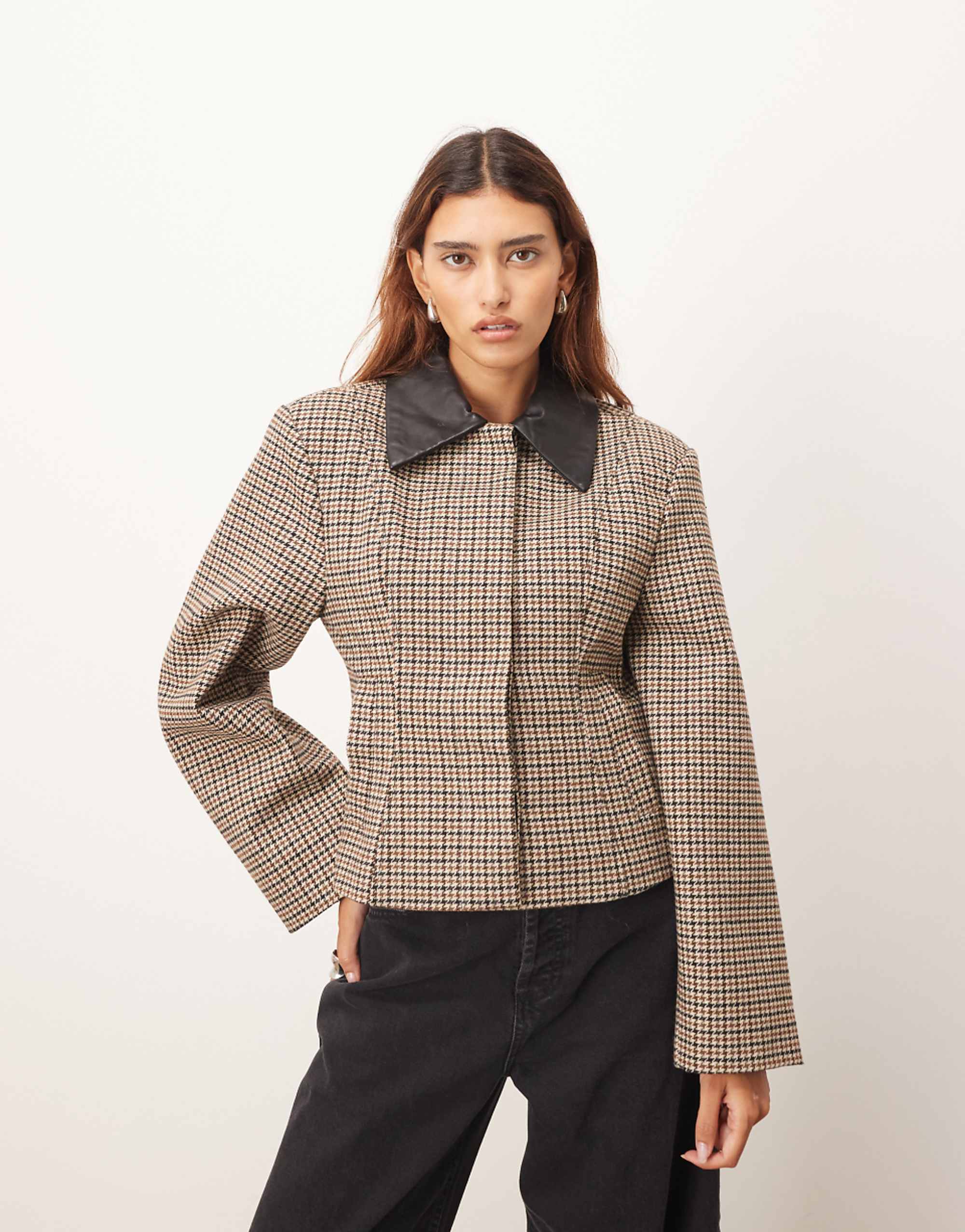 Arrange Structured Jacket With Leather Collar Contrast in Brown