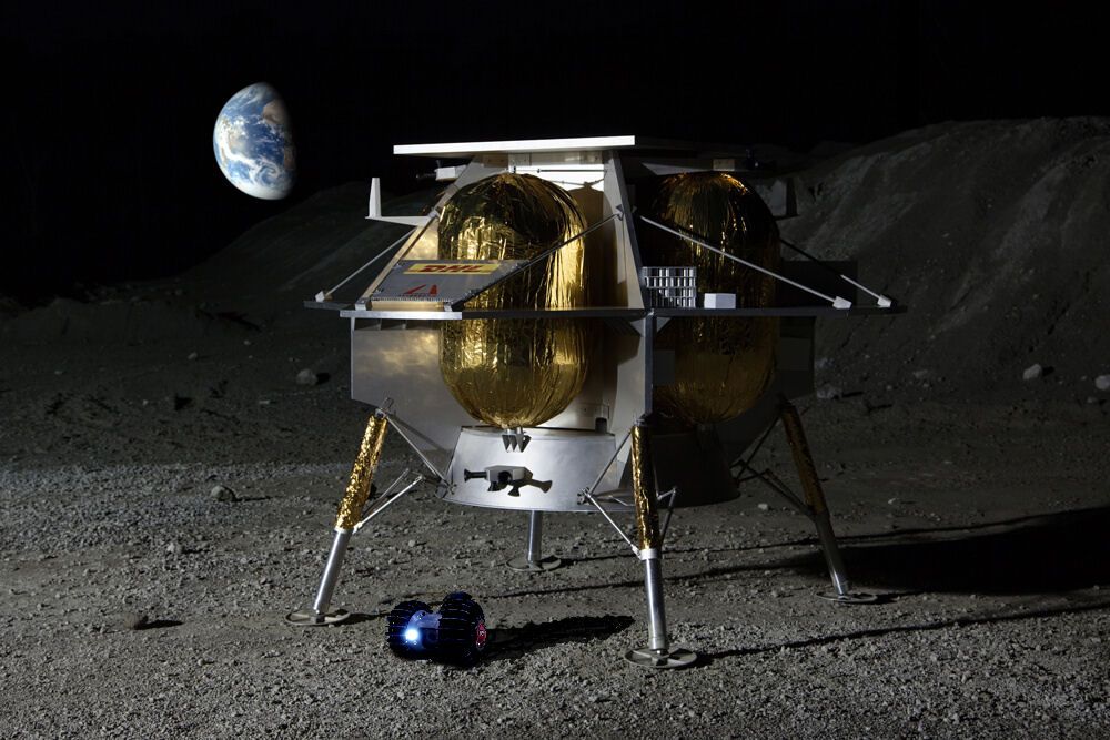 An artist&#039;s illustration of Dymon&#039;s little Yaoki rover and Astrobotic&#039;s larger Peregrine lander on the surface of the moon.