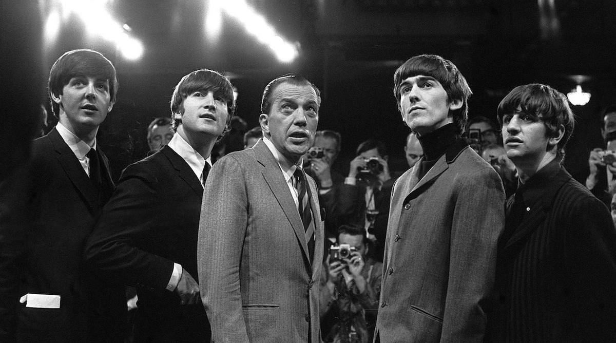 B&amp;W picture of the Beatles with Ed Sullivan in 1964