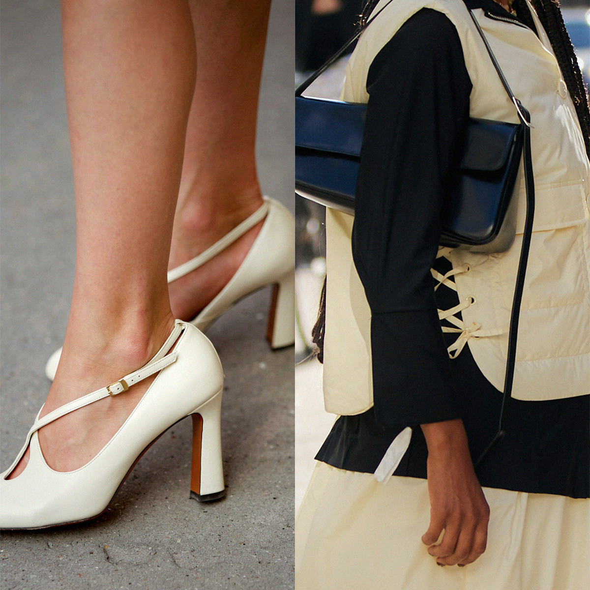 Close up collage of women wearing heels and women wearing a bag 